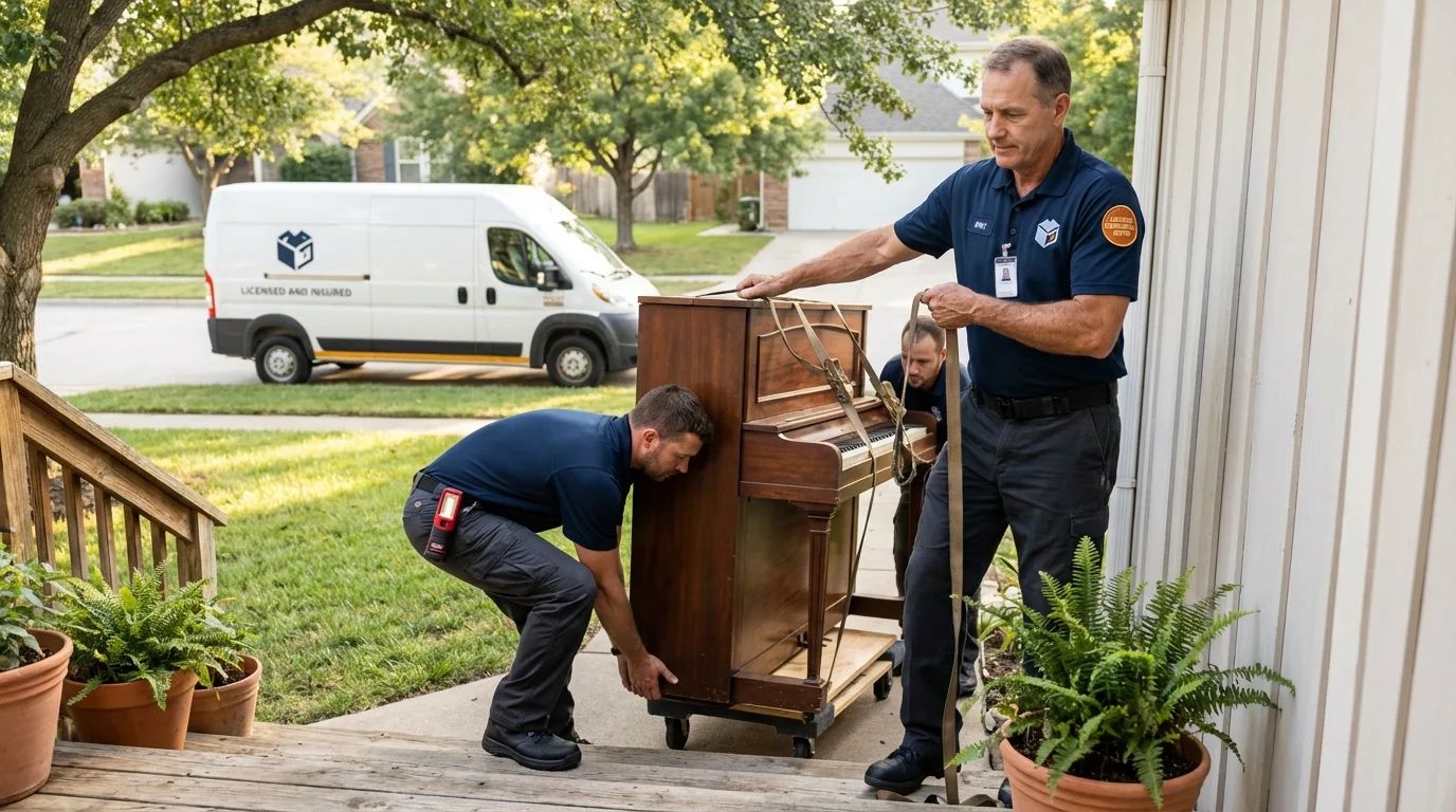 Licensed piano movers securing grand piano in Seville, OH