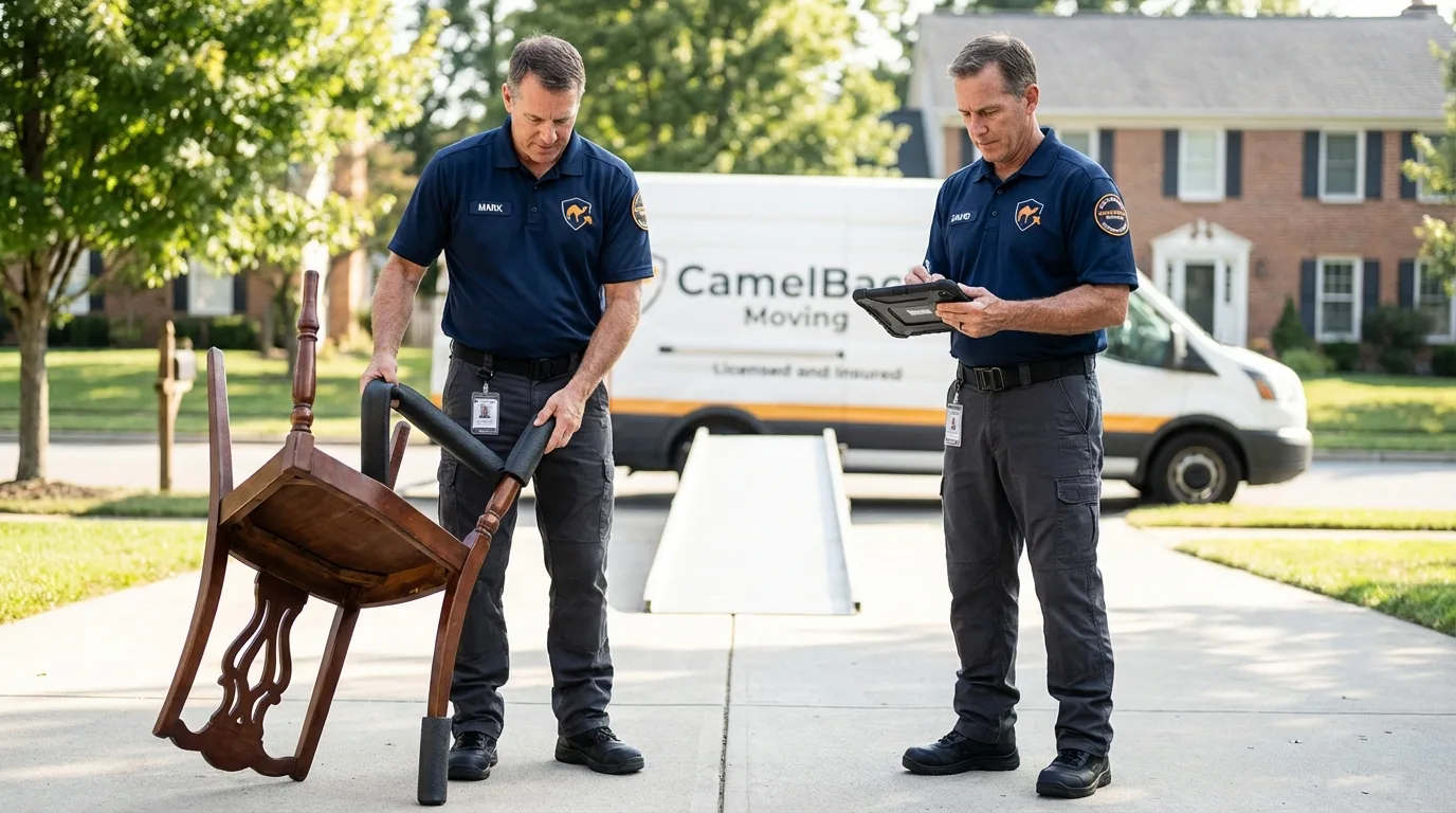 Movers inspecting furniture for damage prevention before loading in Seville, OH