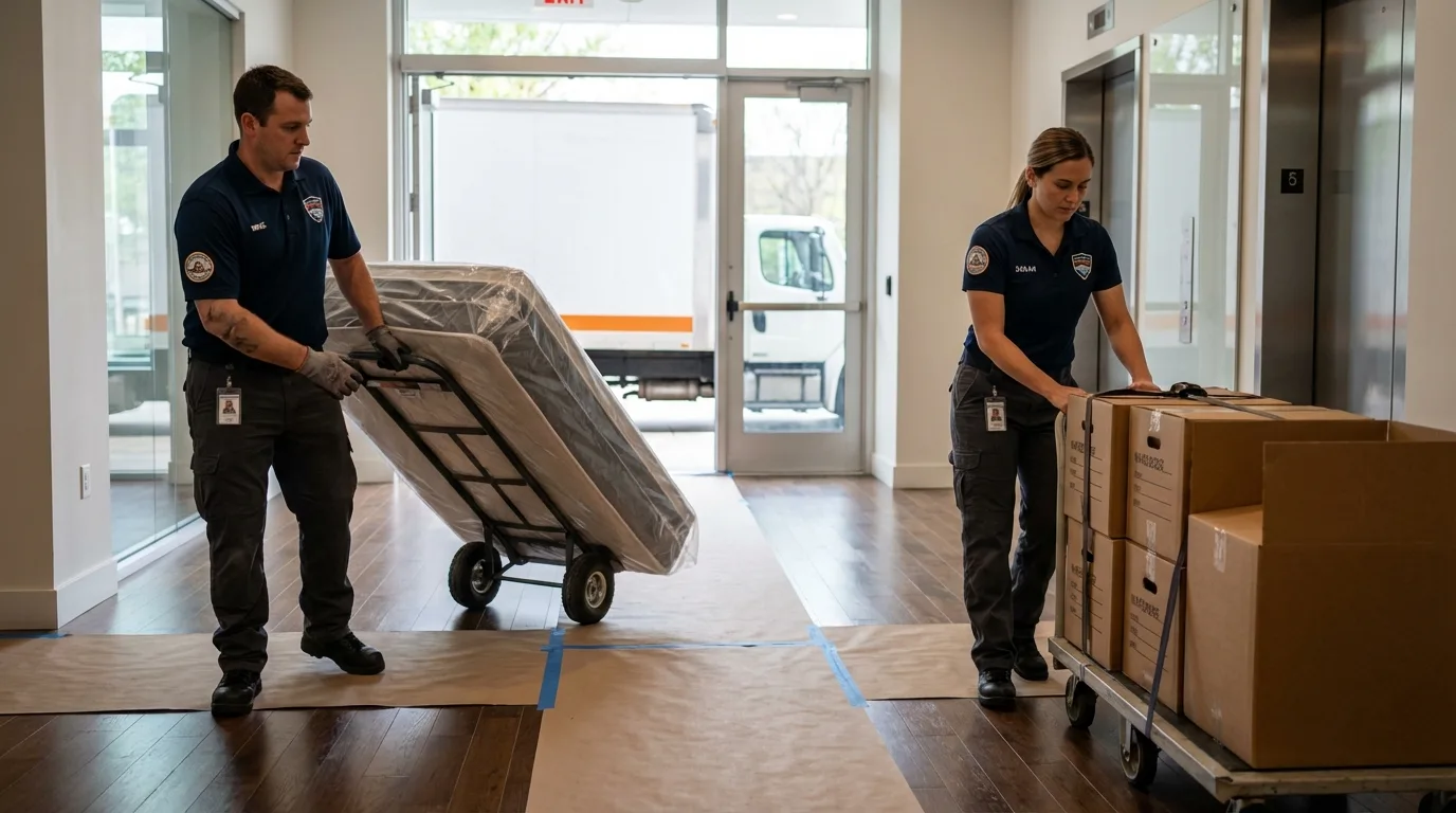 Professional apartment movers loading elevator in Seville, OH