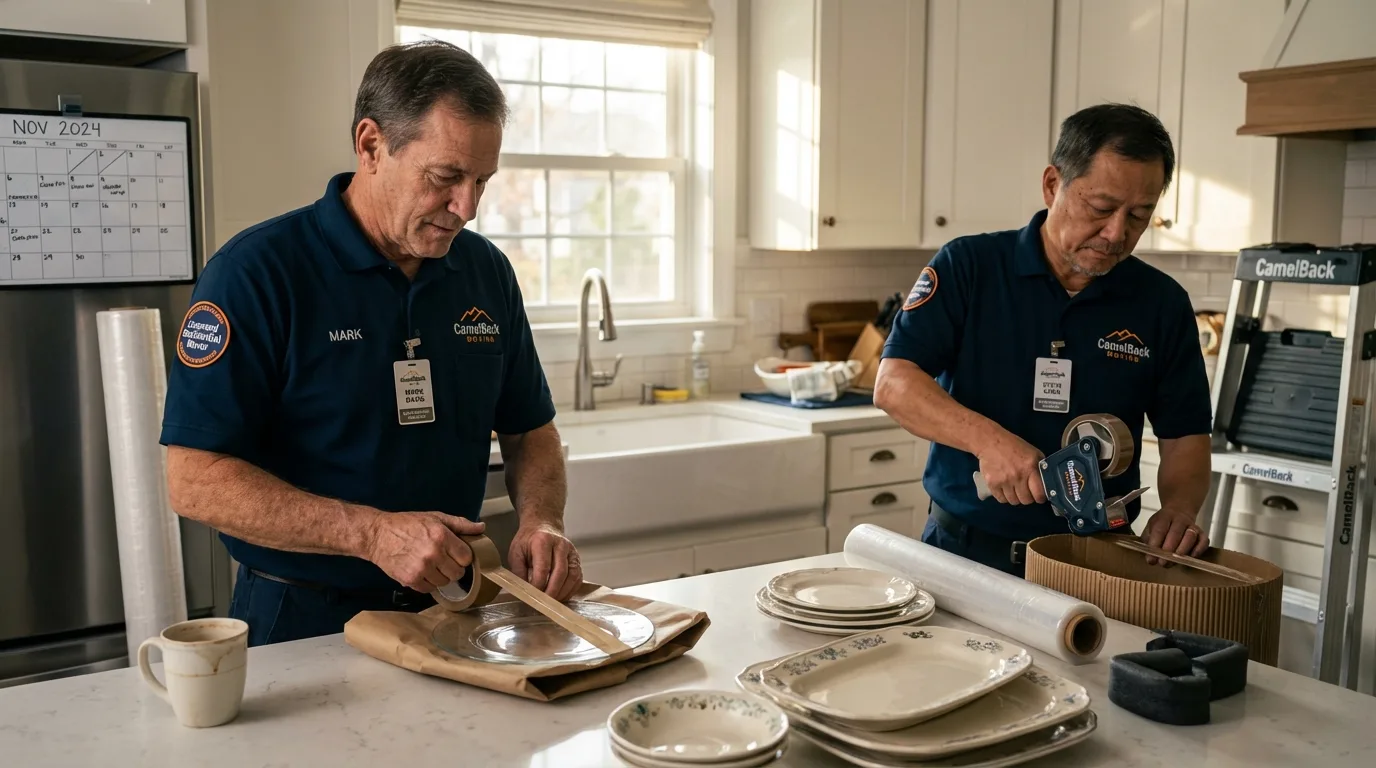 Professional crew packing kitchen dishware in Seville, OH